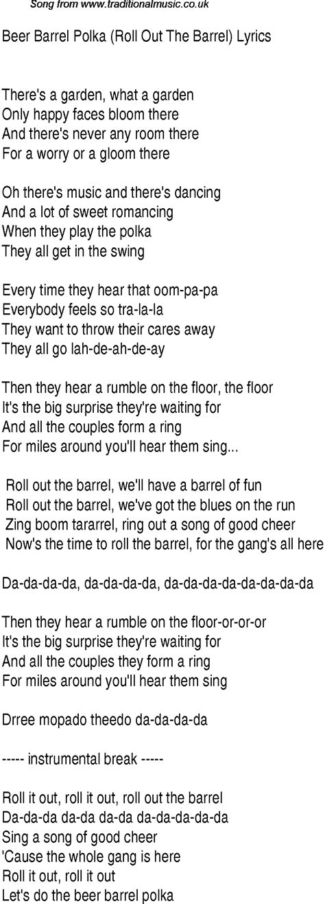1940s Top Songs Lyrics For Beer Barrel Polka Roll Out The Barrel