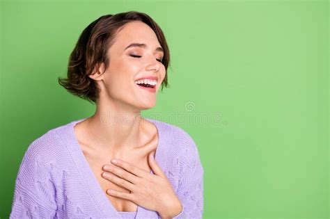 Portrait Of Adorable Lady Arm On Chest Closed Eyes Laughing Wear Purple