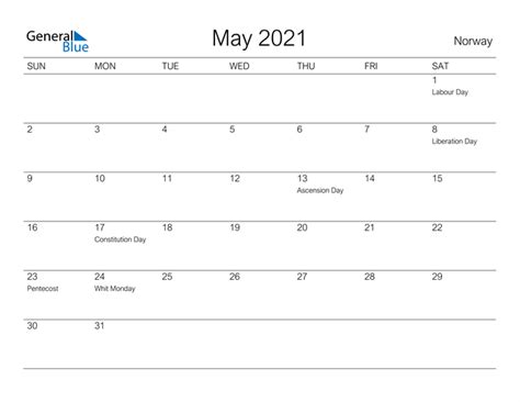 Norway May 2021 Calendar With Holidays