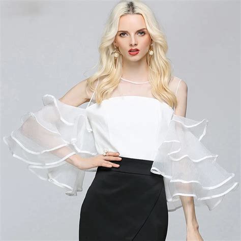 Womens Ruffled Sleeve Tops Sexy Off Shoulder Ruffles Tops Patchwork