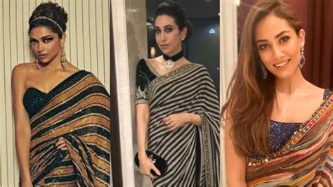 Deepika Padukone Karishma Kapoor And Mira Rajput Look Classic In Striped Sequinned Sarees IWMBuzz