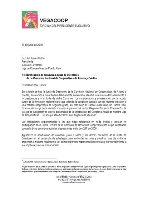 Carta Renuncia A La Junta De Directores De La Comisiín Nacional De