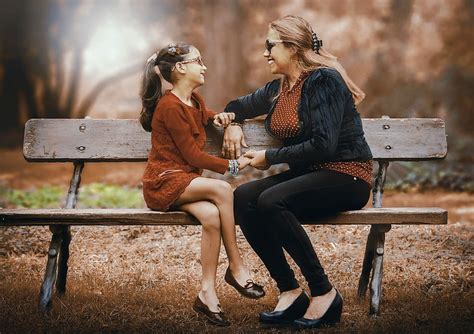 Mother Daughter Sitting Bench Mother And Daughter Adult Women Two Lifestyle Outdoors
