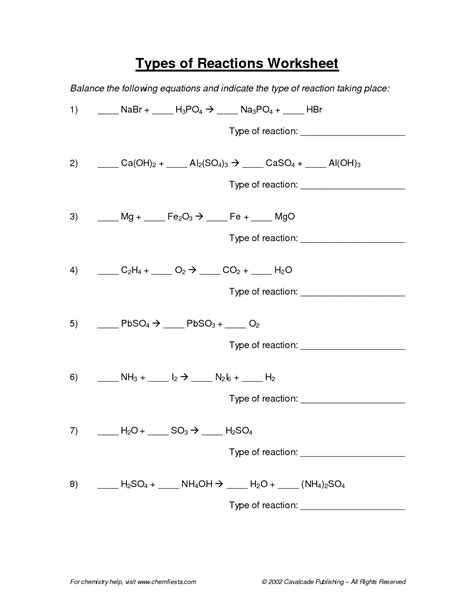 Balancing Equations And Types Of Reactions Worksheet Answers