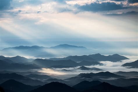 2048x1365 Photography Mountains Sun Rays Clouds Hills Mist Far View