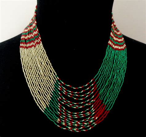 African Style Zulu Beaded Multistrand Necklace Red Green Gold Etsy Afro Jewelry Multi