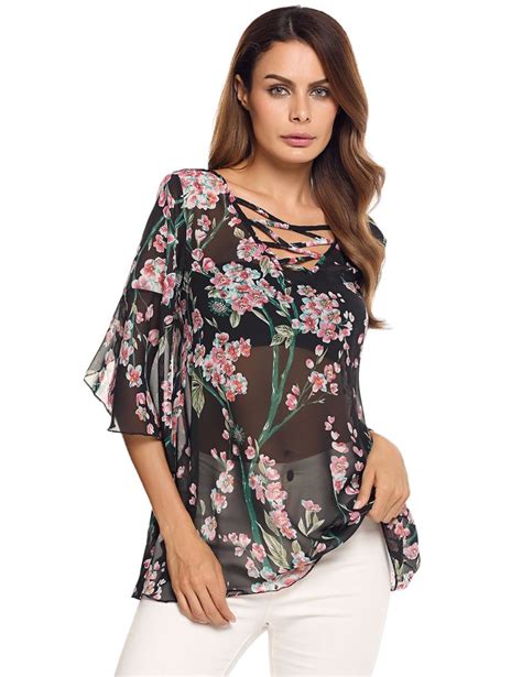 Black Lace Up Sleeve V Neck Blouse Floral Chiffon Blouse Clothes For