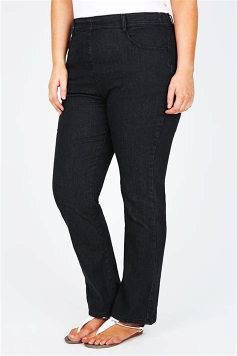 Black Pull On Straight Leg Jeans Plus Size 14 To 28