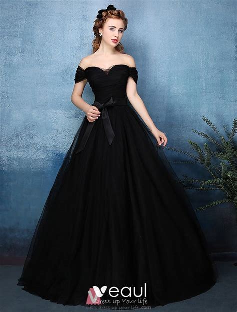 beautiful simple ball gown off the shoulder sweetheart black tulle prom dress 2016 with bow sash