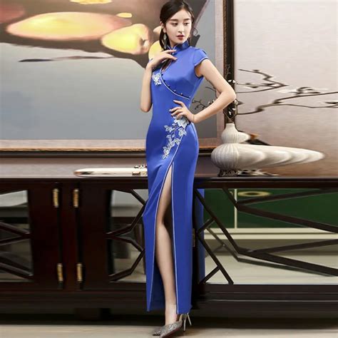 Blue D Embroidery Qipao Long Split Sexy Cheongsam Design Chinese