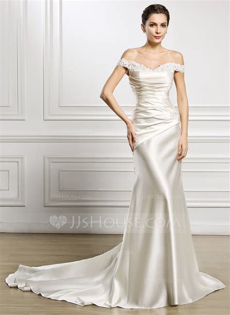 Satin will help you to make softer a wedding dress. Trumpet/Mermaid Off-the-Shoulder Court Train Satin Wedding ...