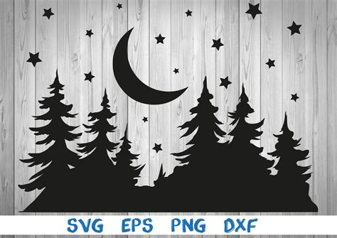 Starry Night Forest Crescent Moon Stars Silhouette Svg Etsy