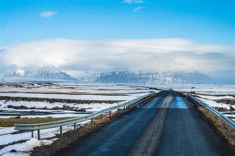 Beautiful View Of Straight Iceland`s Golden Circle Road Surround Stock