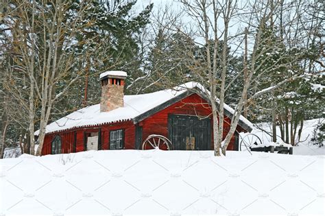 Rustic Red Wooden Barn In Snow Architecture Stock Photos ~ Creative