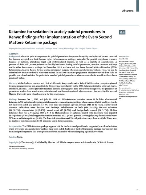 Pdf Ketamine For Sedation In Acutely Painful Procedures In Kenya