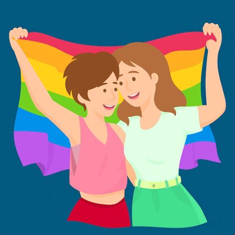 lesbianas ondeando bandera lgbt del arco iris celebrando el orgullo gay vector premium