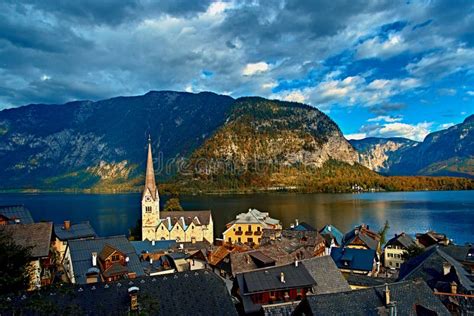 Beautiful Scenic View Of Austrian Alps Hallstatt Mountain Village At