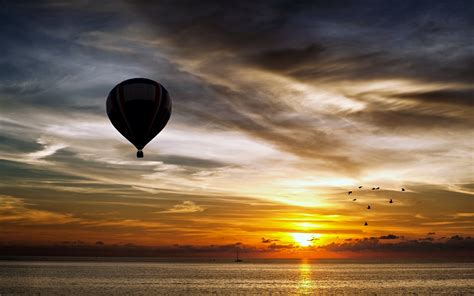 Zeppelin Air Balloon Landscapes Sunset Sky Clouds Birds Nature