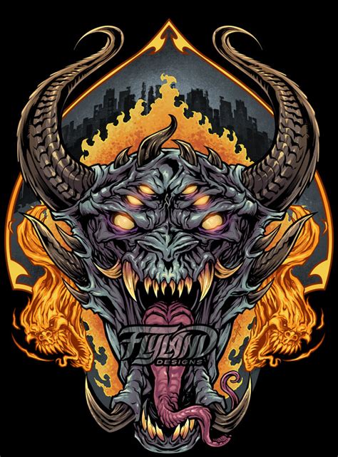 Demon Face With Fire Skulls Flyland Designs Freelance Illustration