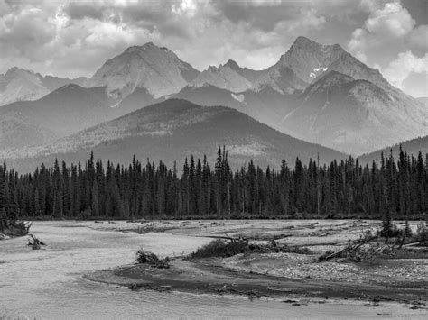 Black And White Landscape Of The Rugged Canadian Rocky Mountains With A