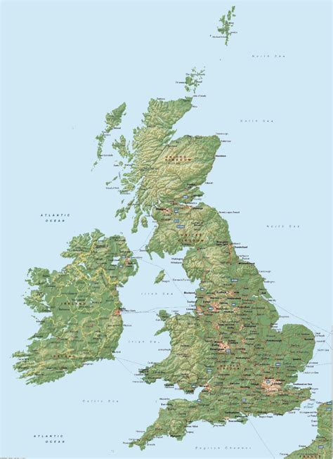 Large Map Of United Kingdom With Relief Roads And Cities United