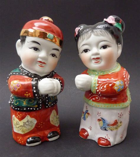 Chinese Porcelain Lucky Children Figurines Golden Boy En Jade Girl