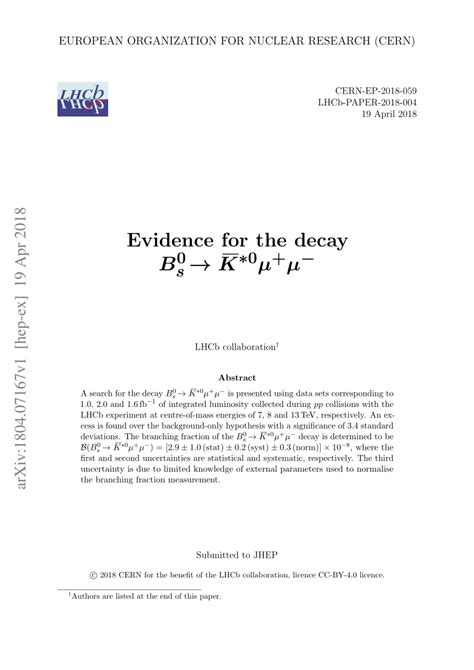 Pdf Evidence For The Decay B S 0 Rightarrow Overline K 0