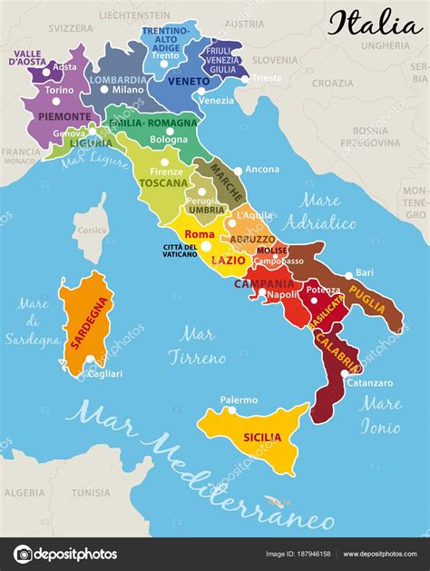 Beautiful Colorful Map Italy Italian Regions Capitals Important Cities Images And Photos Finder