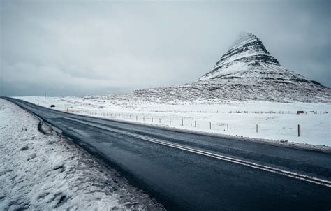 Wallpaper Winter Road Snow Fog Iceland Kirkjufell Images For