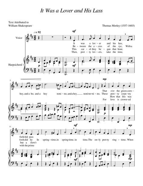 It Was A Lover And His Lass Sheet Music For Harpsichord Vocals Mixed Duet