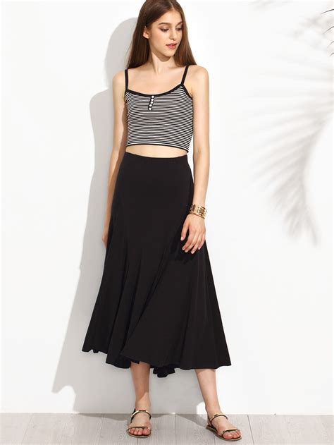 Black Elastic Waist High Low Pleated Skirtfor Women Romwe