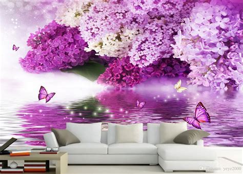 Brick 3d Wallpaper Purple Flowers Water Reflection