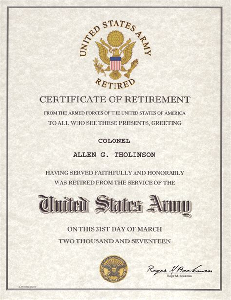 Retirement Certificate Us Army