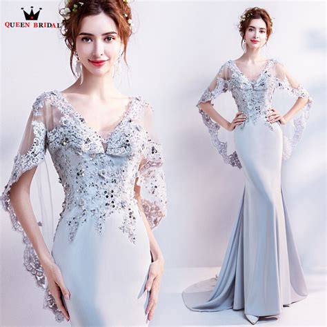 Mermaid V Neck Cape Lace Beading Satin Sexy Gray Evening Gowns Evening