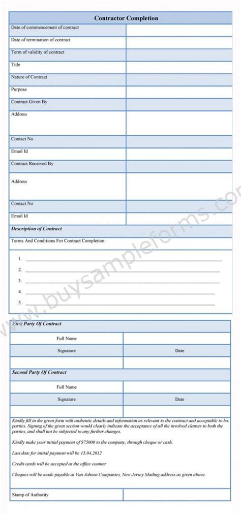 Contractor Completion Form Buy Sample Forms Online