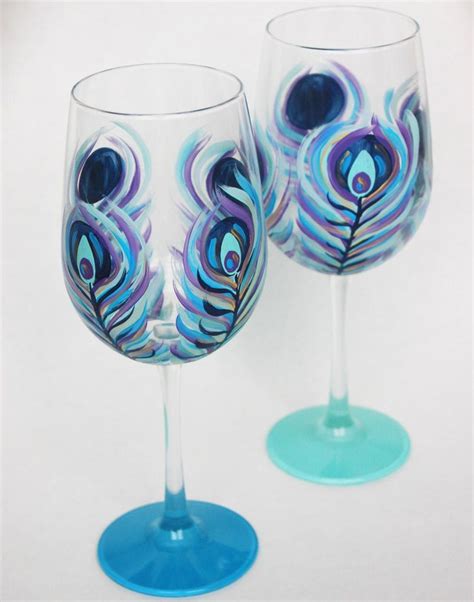 Peacock Wine Glasses Set Of 2 Etsy Peacock Wine Glasses Hand Painted Wine Glasses