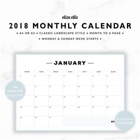 2018 Monthly Calendar A4 Calendar Monthly Calendar Wall Monthly