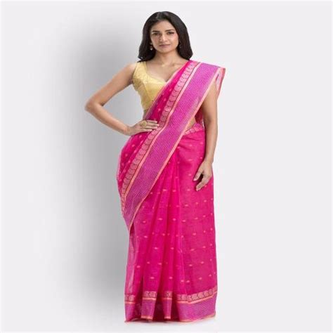 Buy Angoshobha Free Size Women Pink Tant Weave Traditional Saree Online