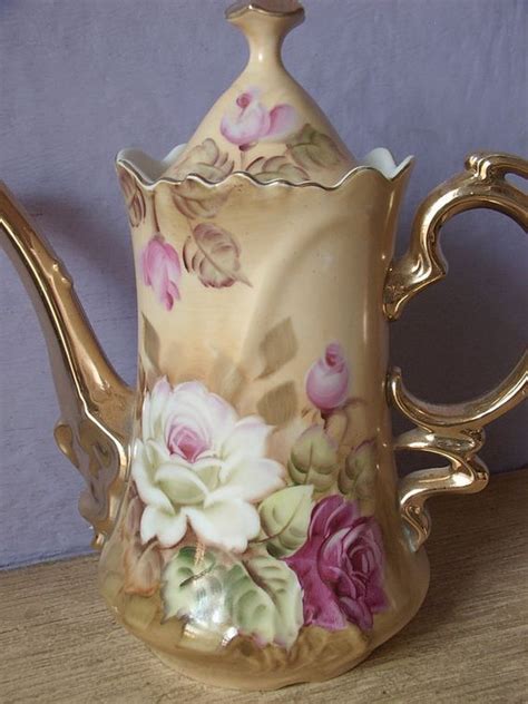 Antique Lefton China Brown Heritage Coffee Pot Hand Painted Roses