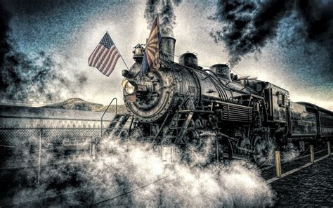 Download Wallpapers Old Steam Locomotive American Flag Usa July 4