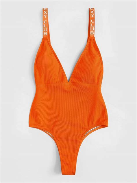 Orange Letter Tape Ribbed High Leg One Piece Swimsuit Bikini Bikini