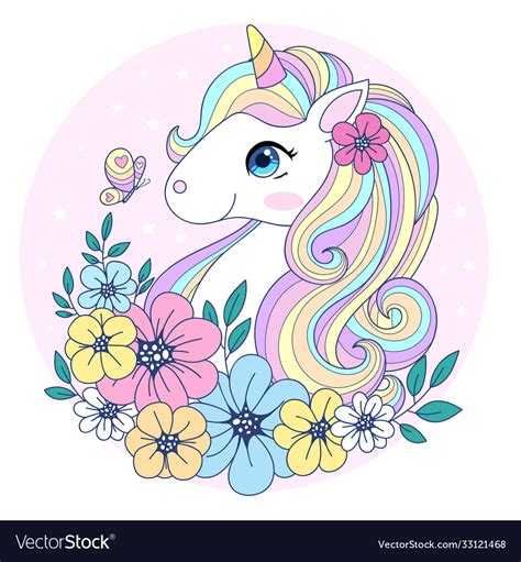 Cute Unicorn With Surrounded Flowers Royalty Free Vector