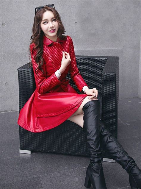 Women S Coat Skirt Pu Leather Long Section Slim Korean Collar For Spring Autumn Red Leather