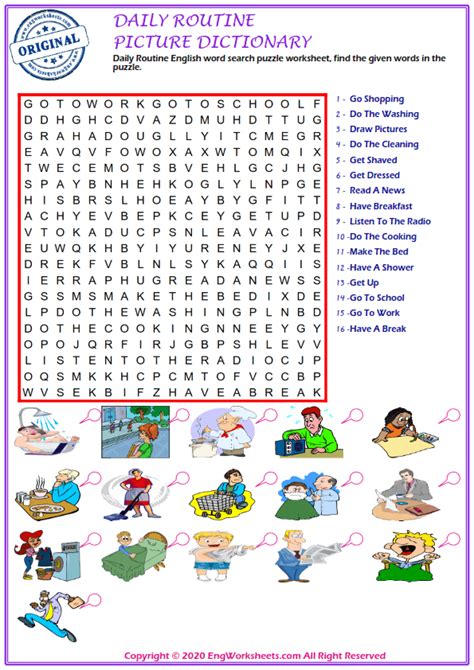 Daily Routines Esl Word Search Puzzle Worksheets For