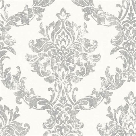 Graham And Brown Vinyl Opal Damask White And Silver