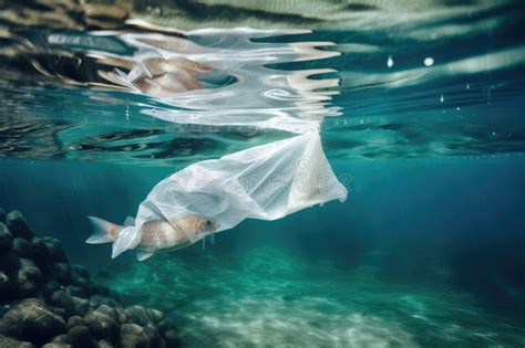 Plastic Bag Lying In Shallow Waters Surrounded By Schools Of Fish