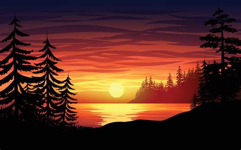 Sunset Lake With Pine Tree Illustrator 2856089 Vector Art At Vecteezy