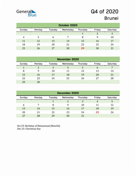 Q4 2020 Quarterly Calendar With Brunei Holidays
