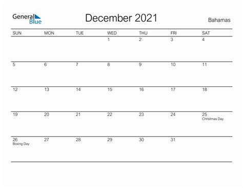 December 2021 Monthly Calendar With Bahamas Holidays