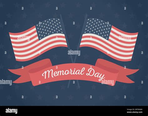 Happy Memorial Day Crossed Flags Ribbon Stars Blue Background American